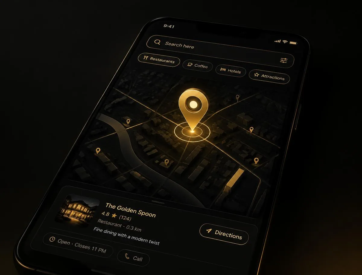 Celular escuro mostrando um mapa com marcador dourado de busca local