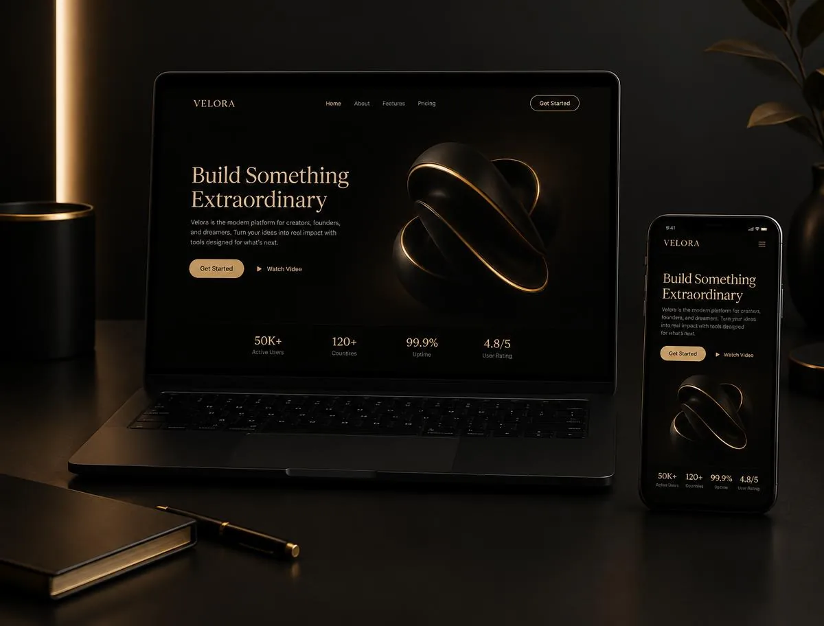 Notebook e celular escuros exibindo uma landing page premium com detalhes dourados
