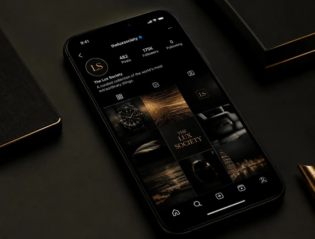 Celular escuro exibindo um feed de Instagram organizado com detalhes dourados