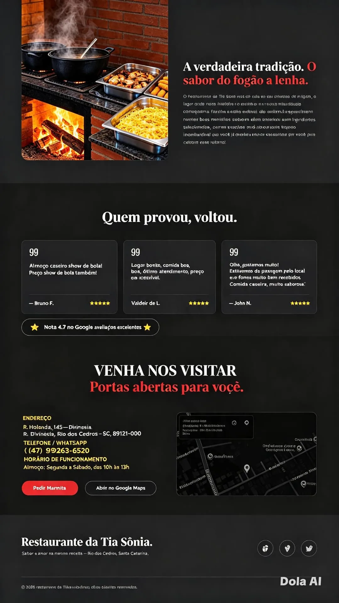 Seções institucionais e de contato do site do Restaurante da Tia Sônia